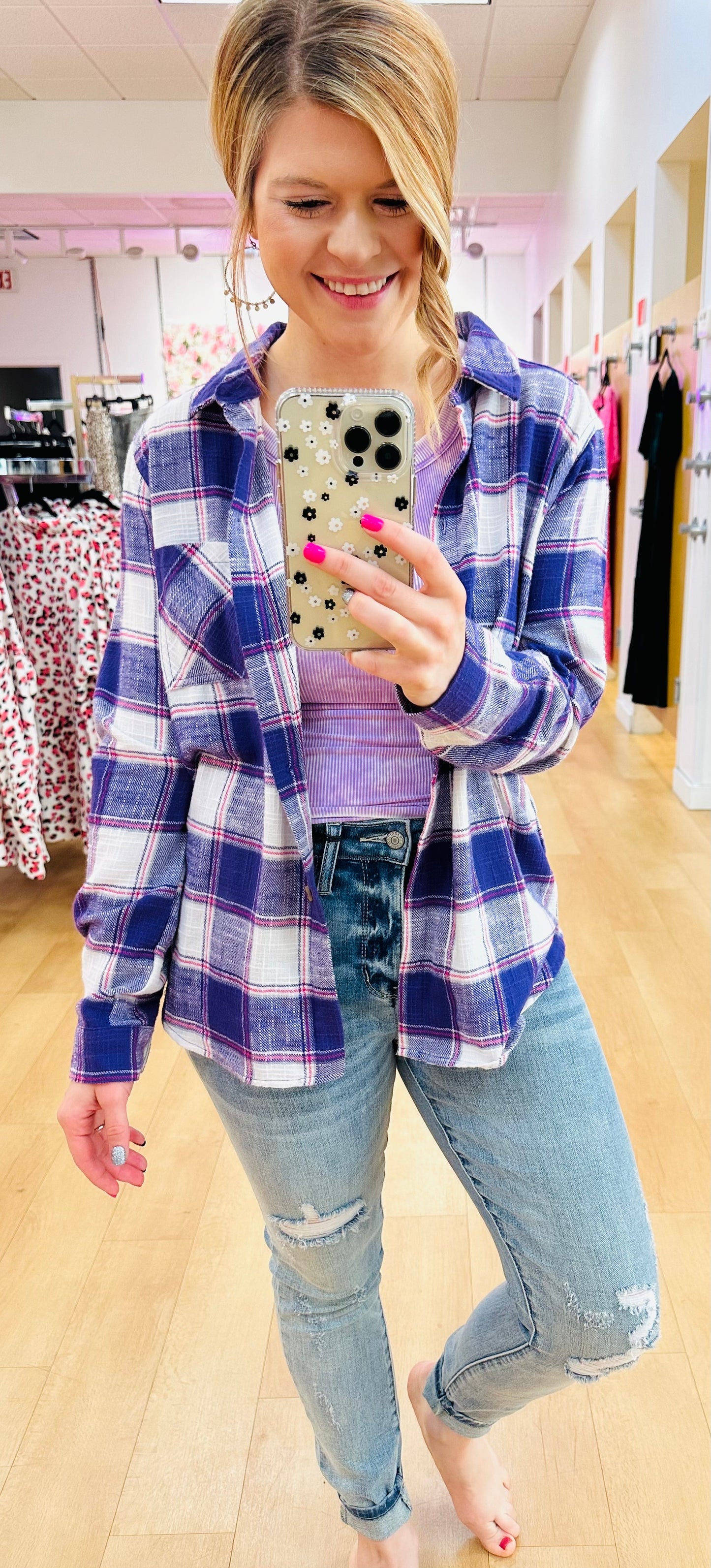 Cotton Plaid Shacket w/ Front Pocket