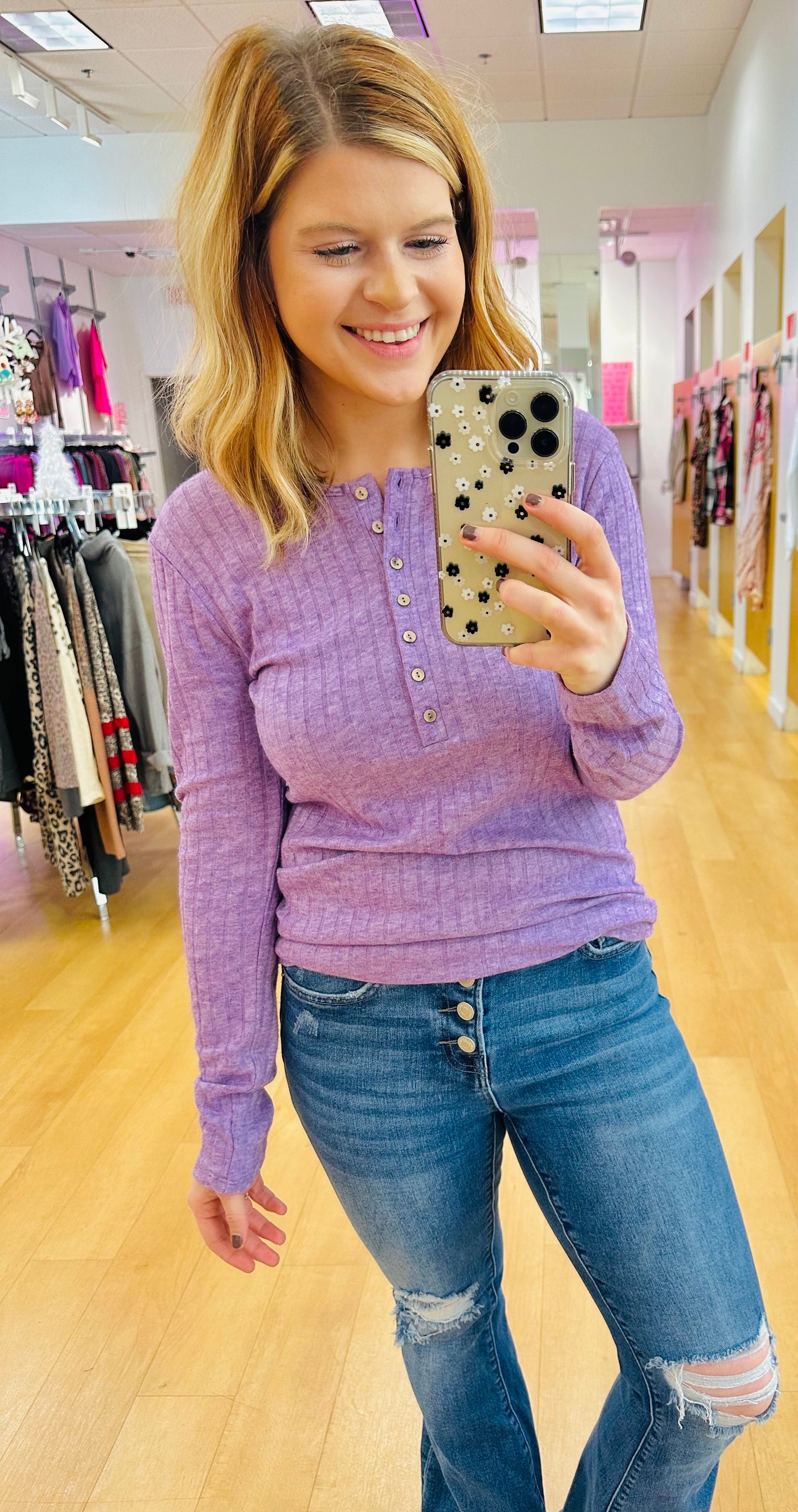 Ribbed Long Sleeve Button Down Top