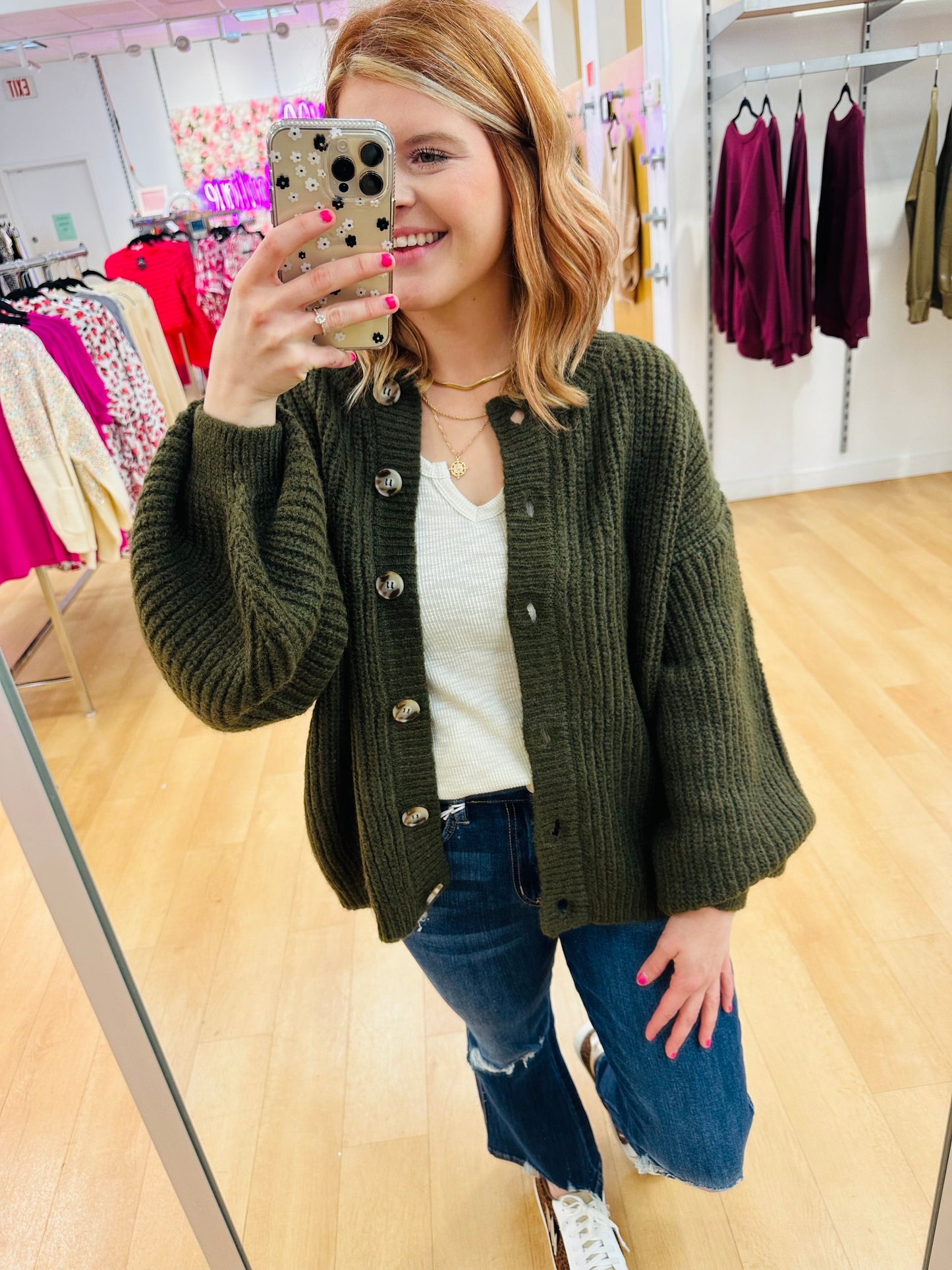 Zenana Balloon Sleeve Button Front Cardigan