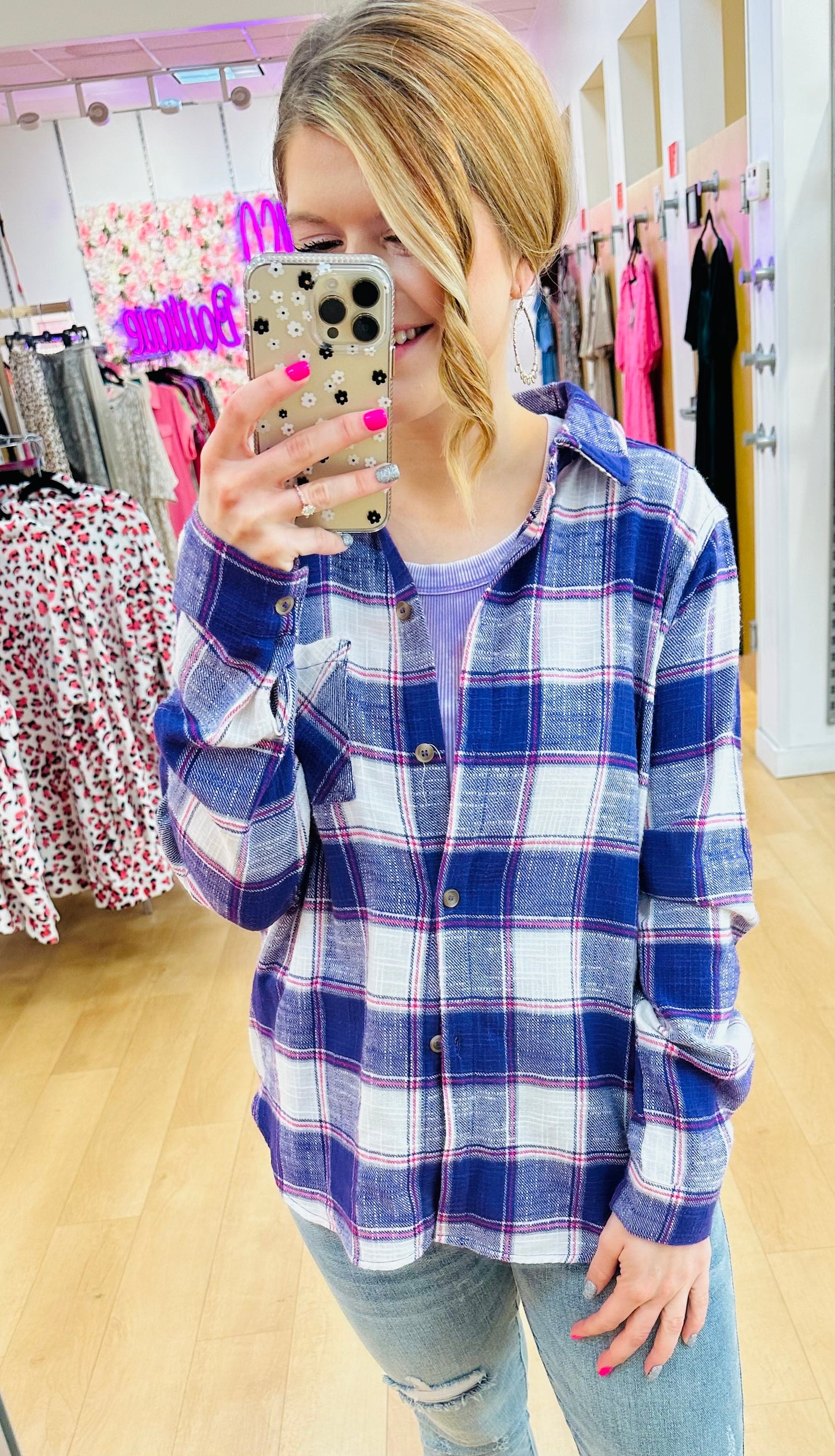 Cotton Plaid Shacket w/ Front Pocket