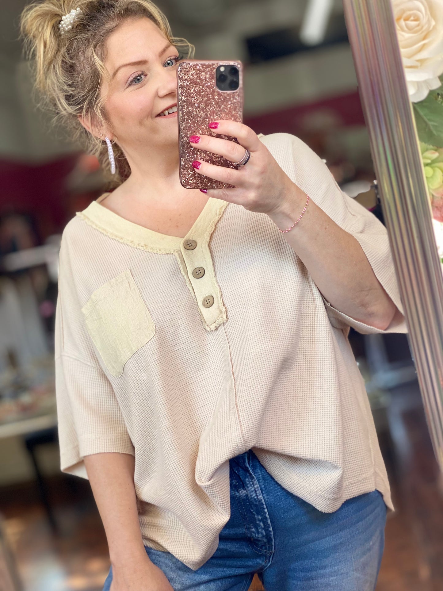 New In Waffle V Neck