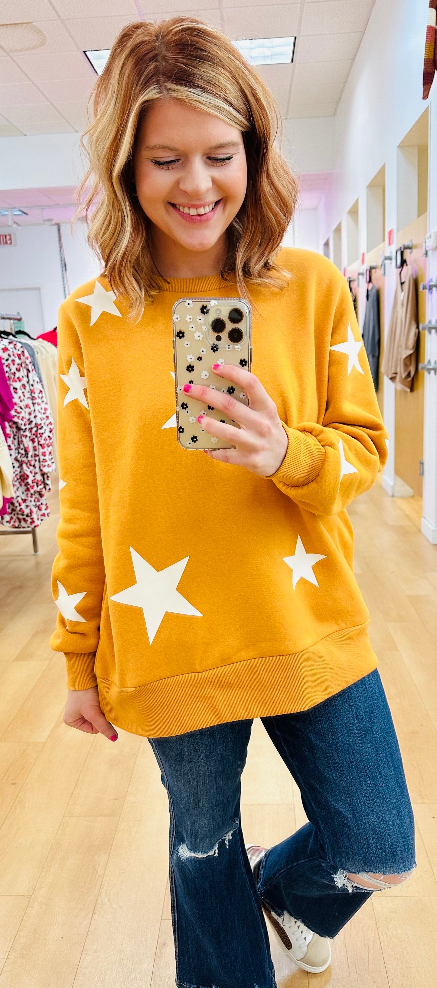 Zenana Star Pattern Round Neck Sweatshirt