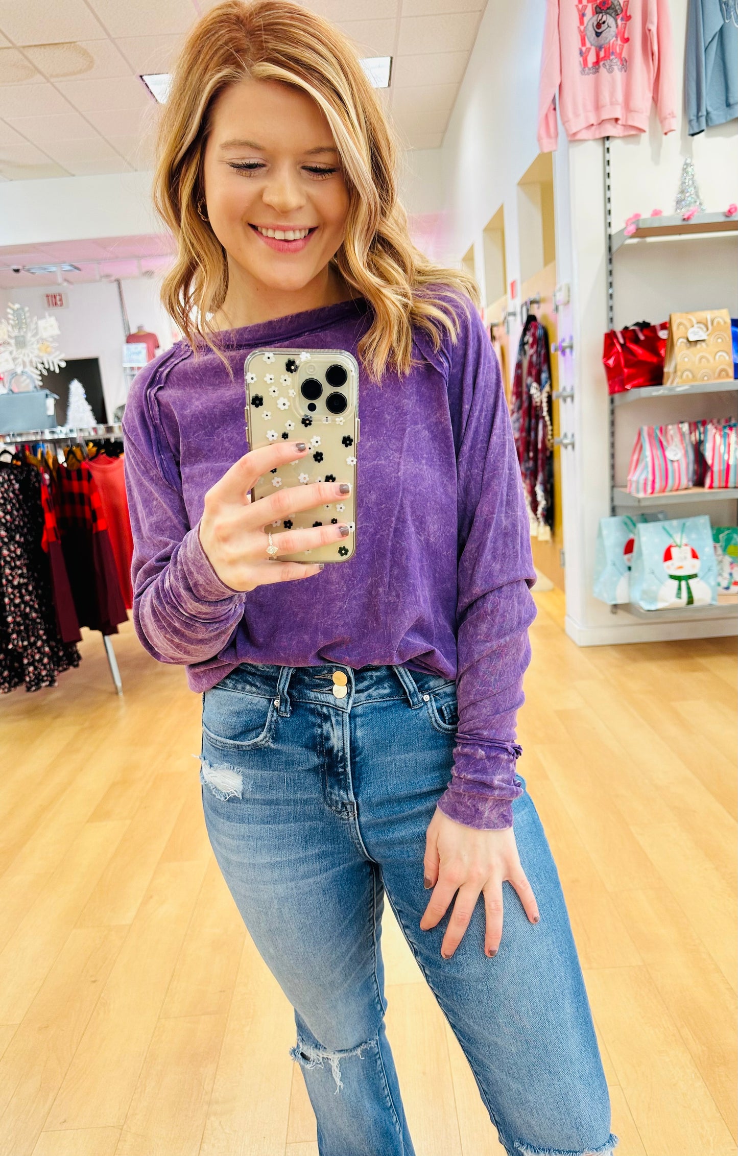 Long Sleeve Acid Wash Top w/ Thumb Holes