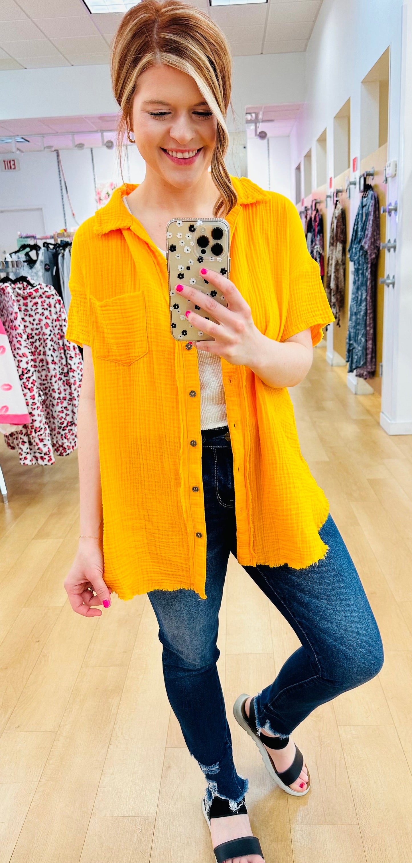 Double Gauze Button Down Raw Edge Shirt Sleeve Shirt