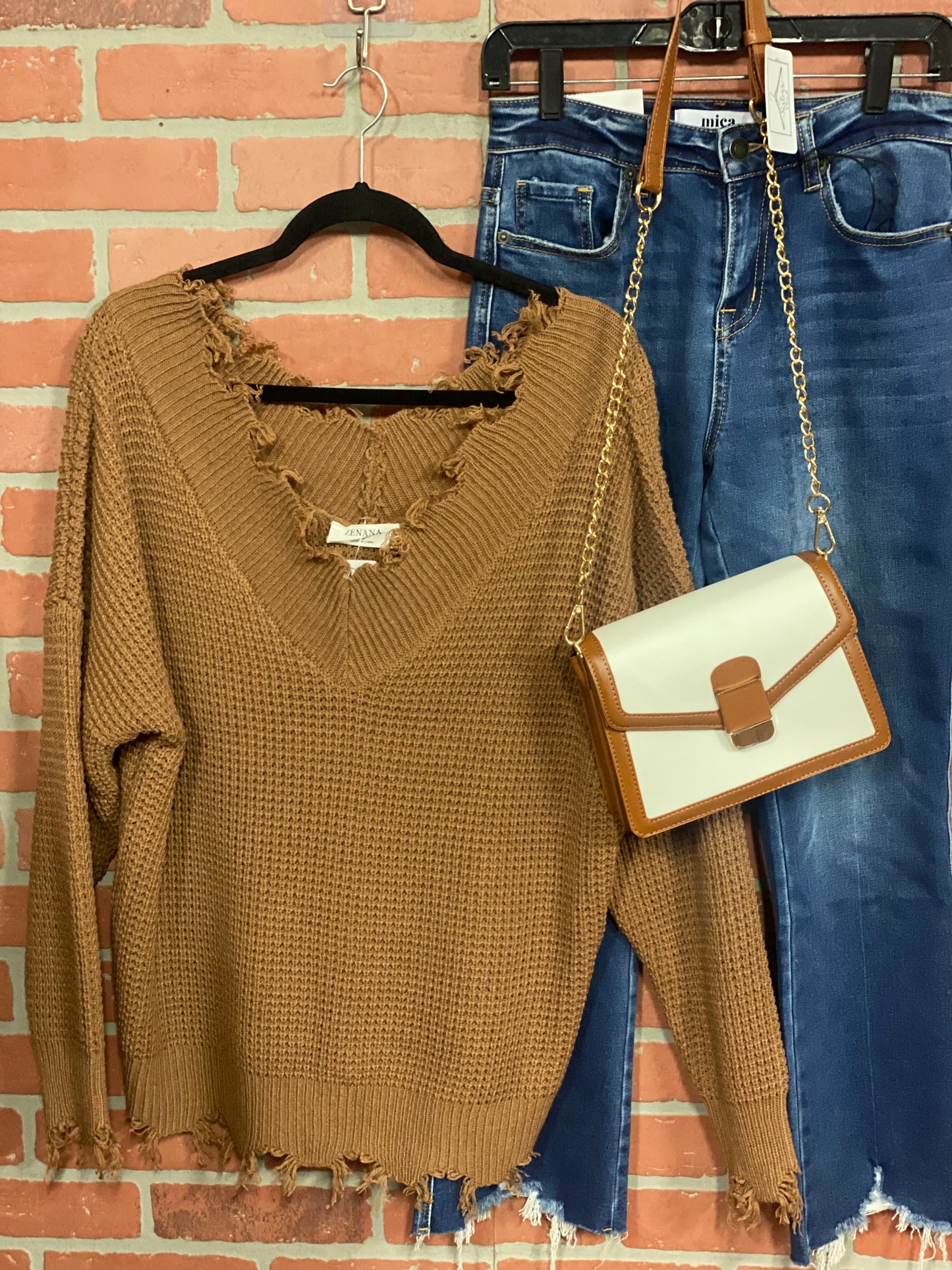 Zenana Wide Double V Neck Distressed Waffle Sweater