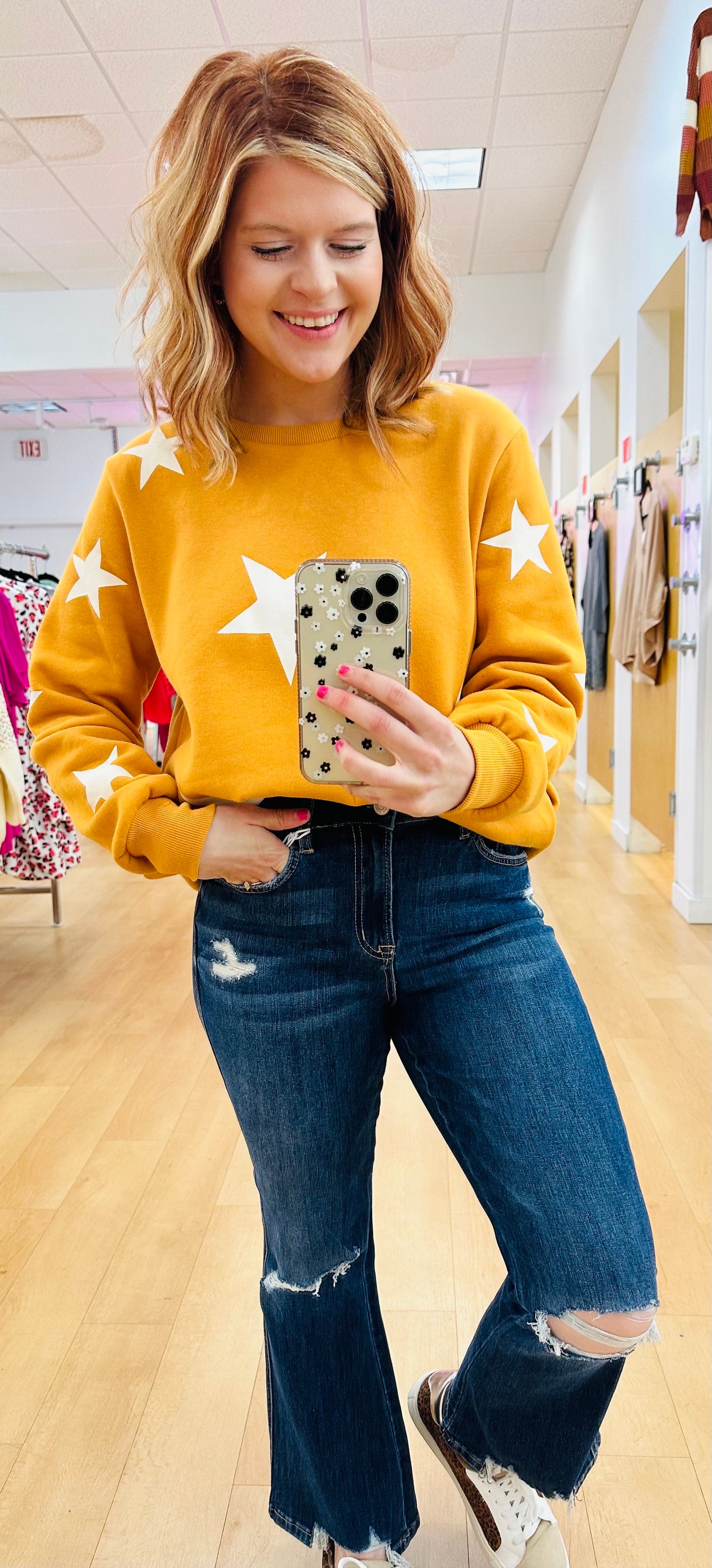 Zenana Star Pattern Round Neck Sweatshirt
