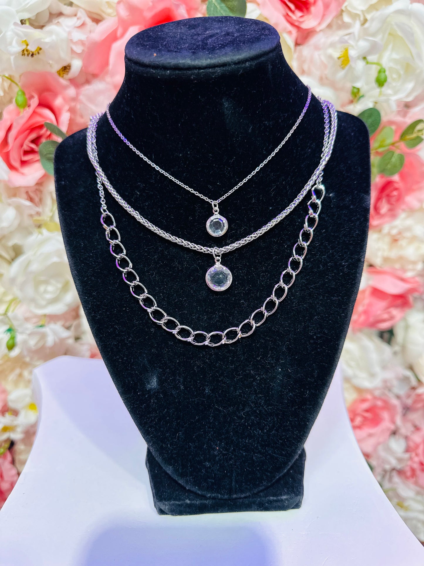 Set of 3 Chain Link Necklaces w/ Circular Rhinestone Necklace Pendants