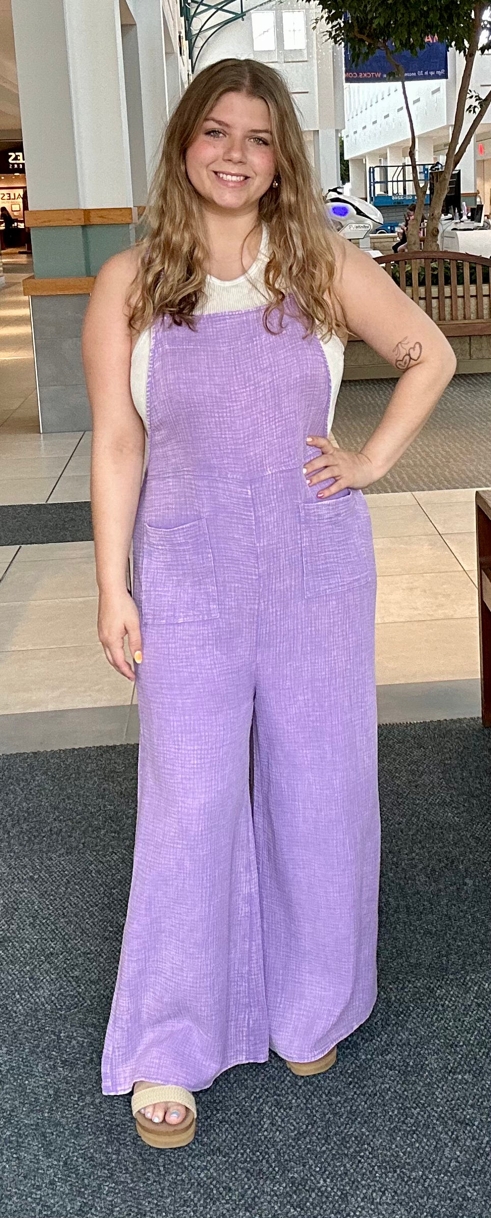 Washed Double Gauze Elastic Waist Wide Overalls