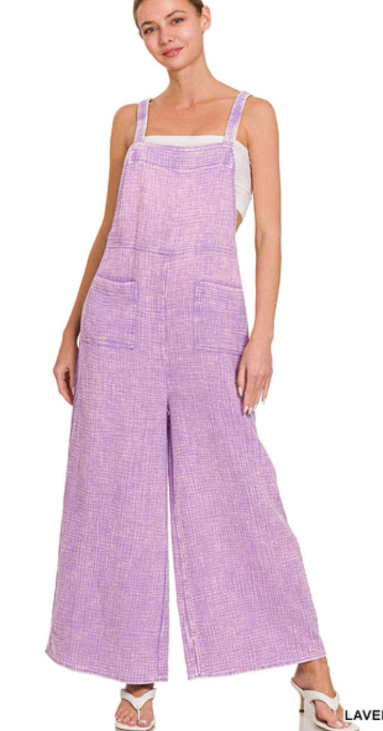 Washed Double Gauze Elastic Waist Wide Overalls