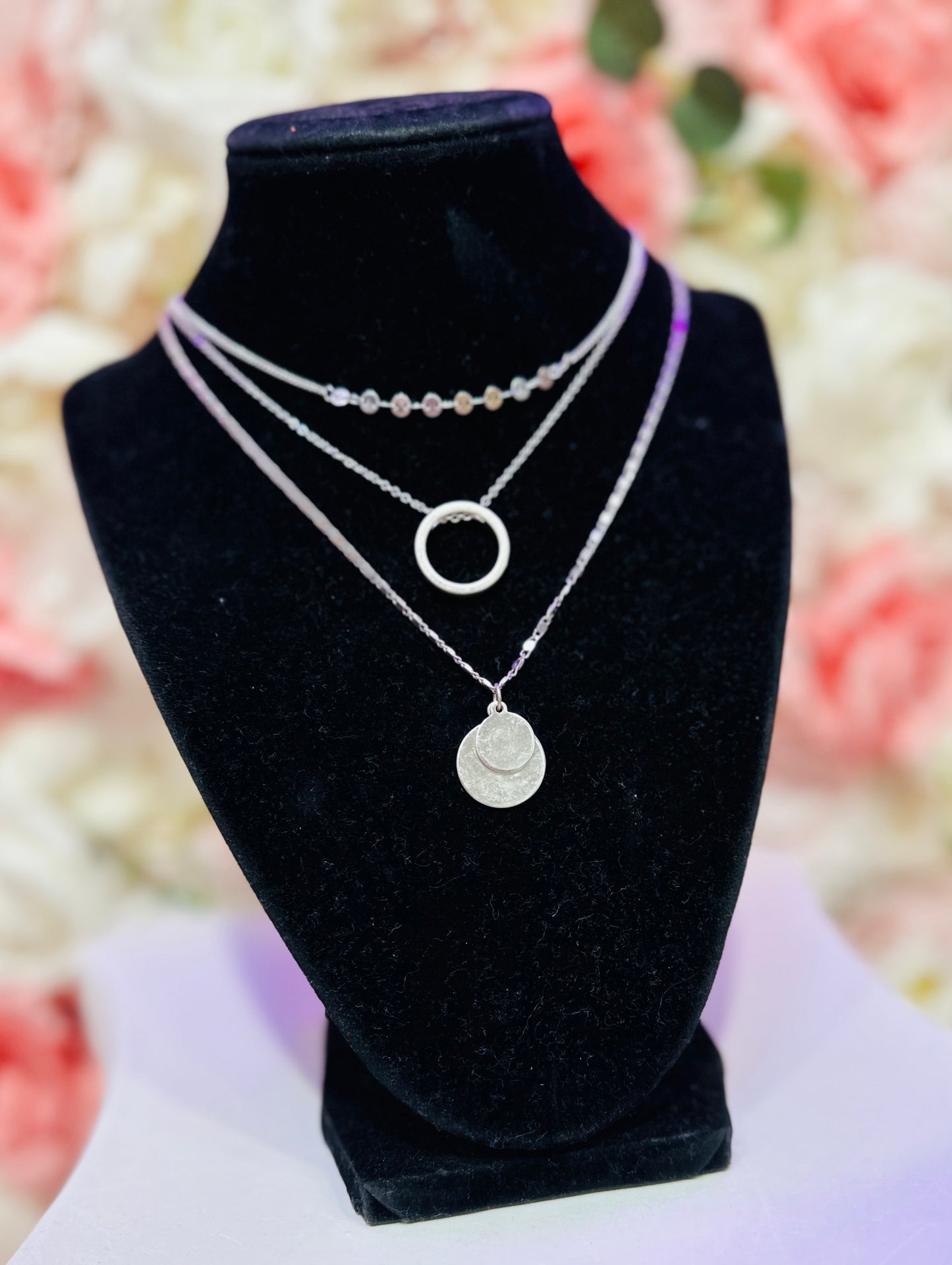 Three Piece Layered Necklace w/ O Ring & Disc Charms