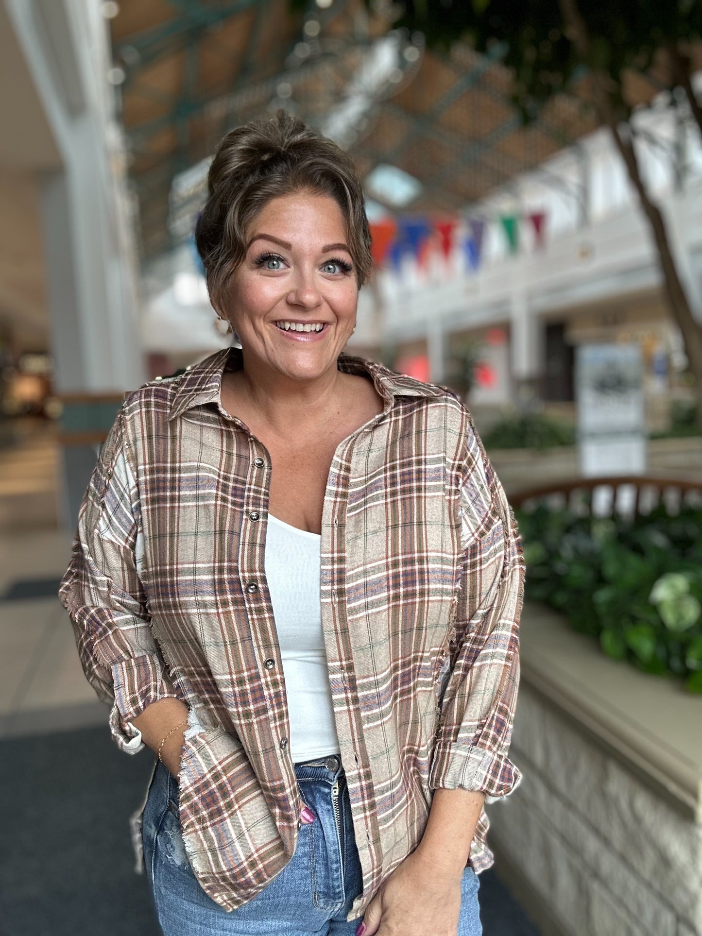 Contrast Plaid Detail Casual Shirt Top