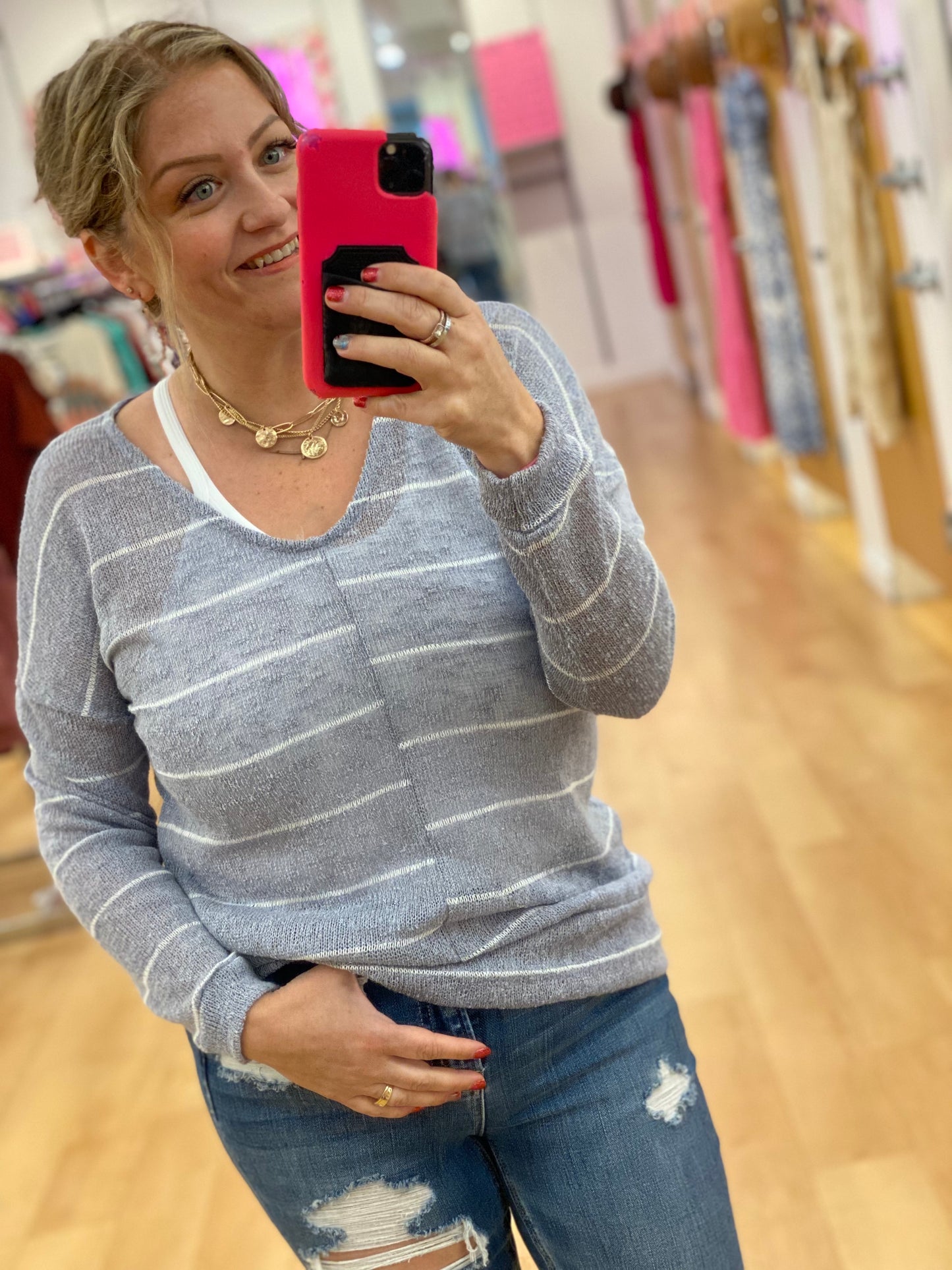 V-Neck Yarn Dyed Stripe Slub Knit Top