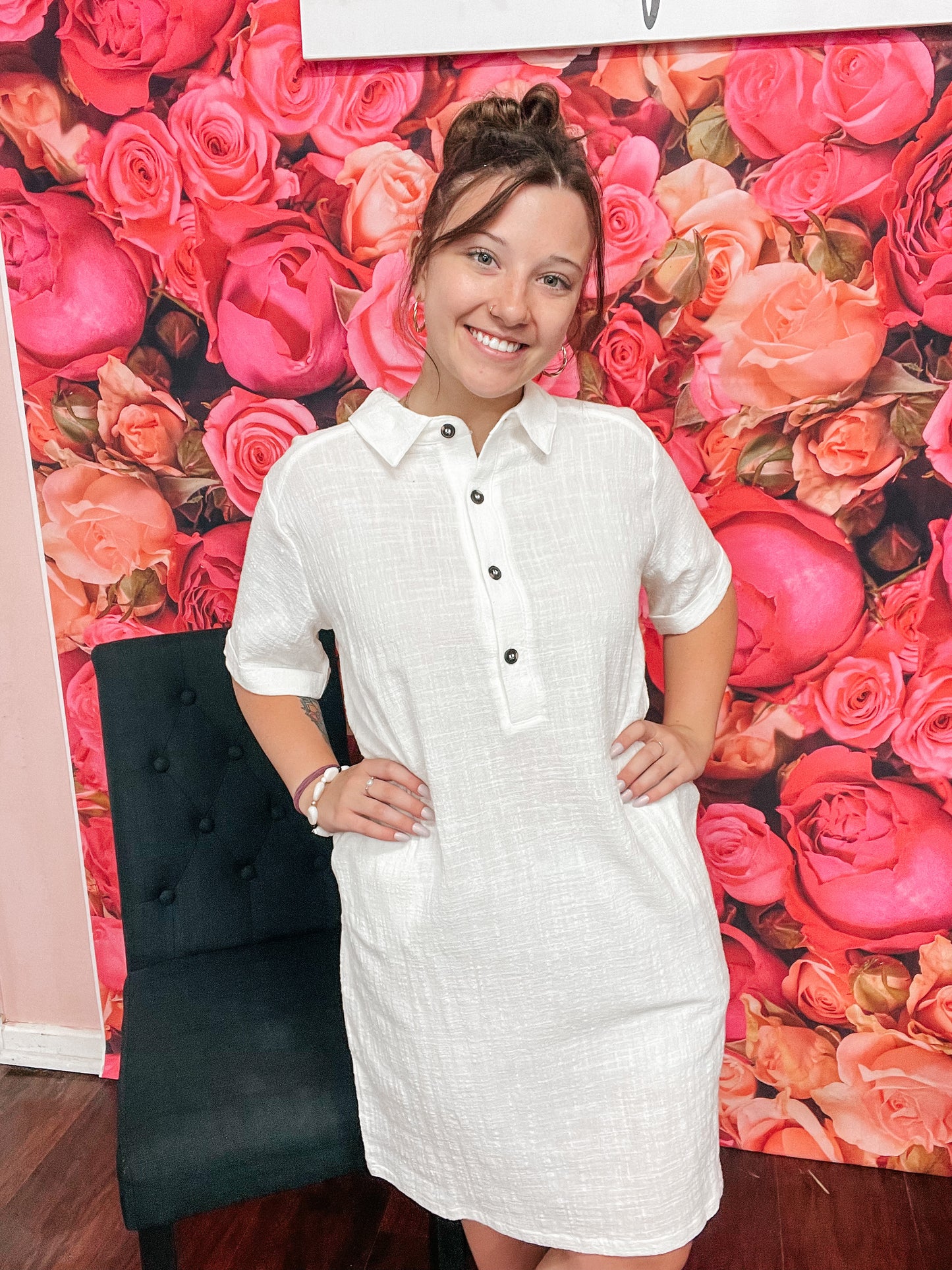 Gauze Button Down Shirt Dress w/ Pockets