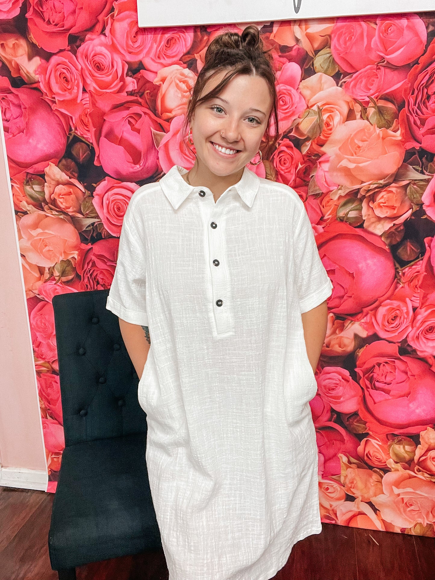 Gauze Button Down Shirt Dress w/ Pockets