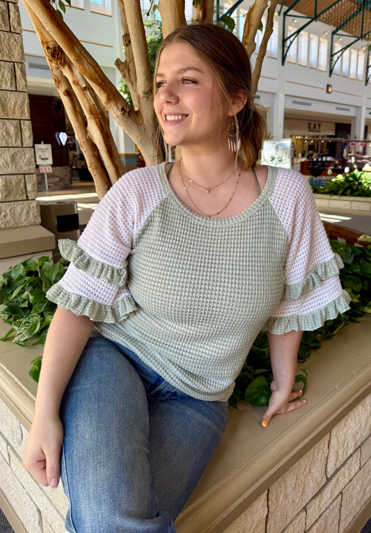 Popcorn Waffle Knit Color Block With Ruffle