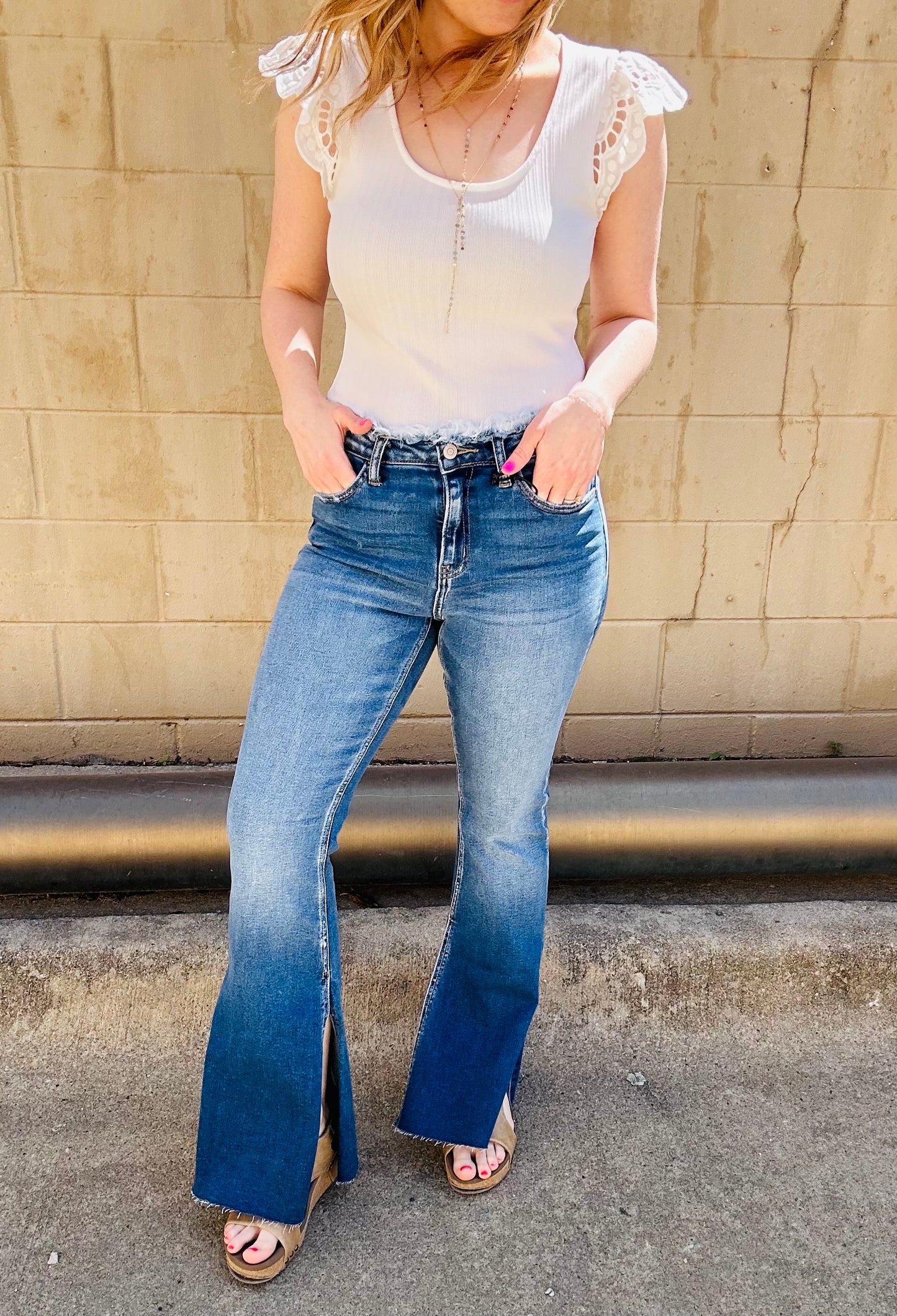 Zenana Frayed Waist Side Slit Flare Jeans