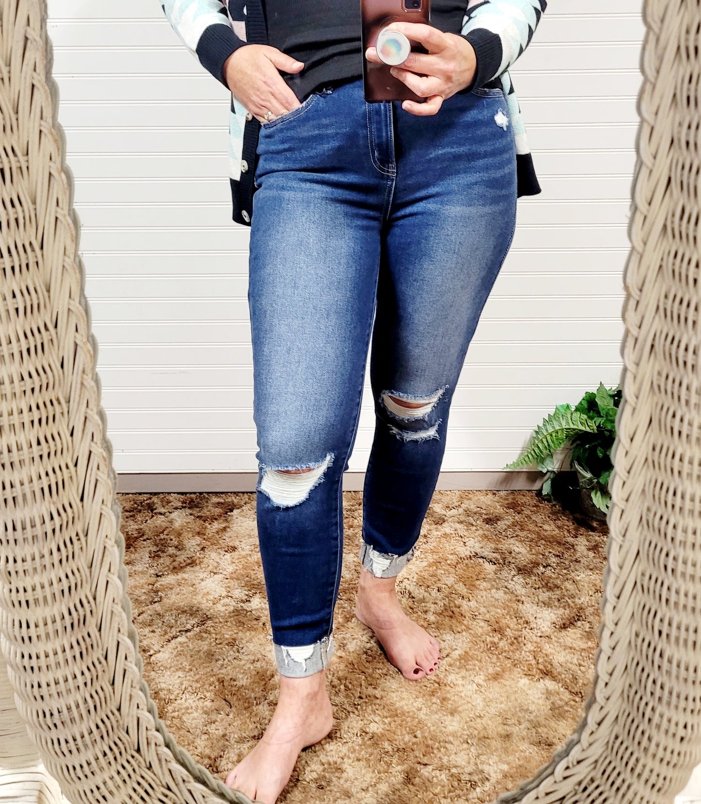 Zenana Mid Rise Distressed Cuffed Hem Skinny Denim Jeans