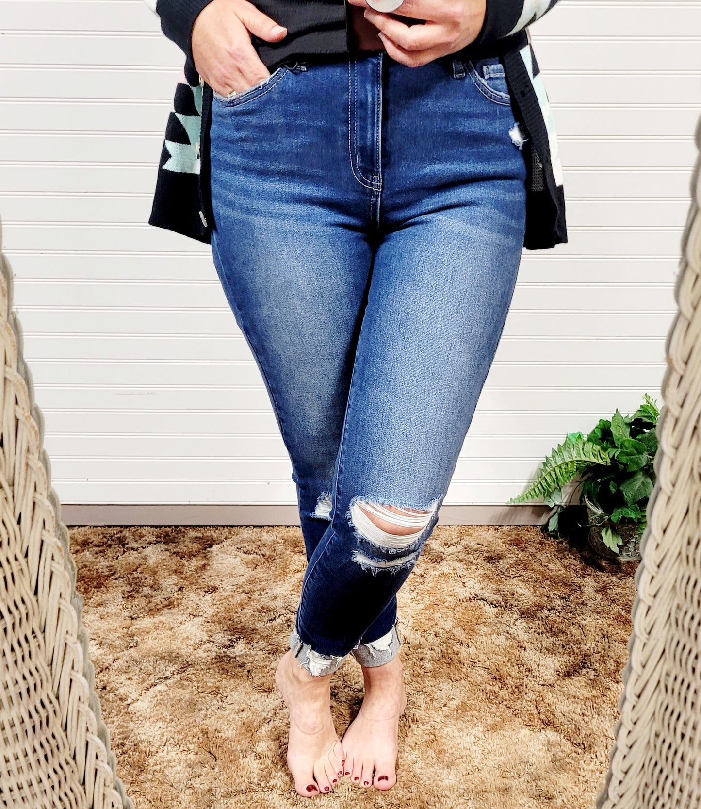 Zenana Mid Rise Distressed Cuffed Hem Skinny Denim Jeans