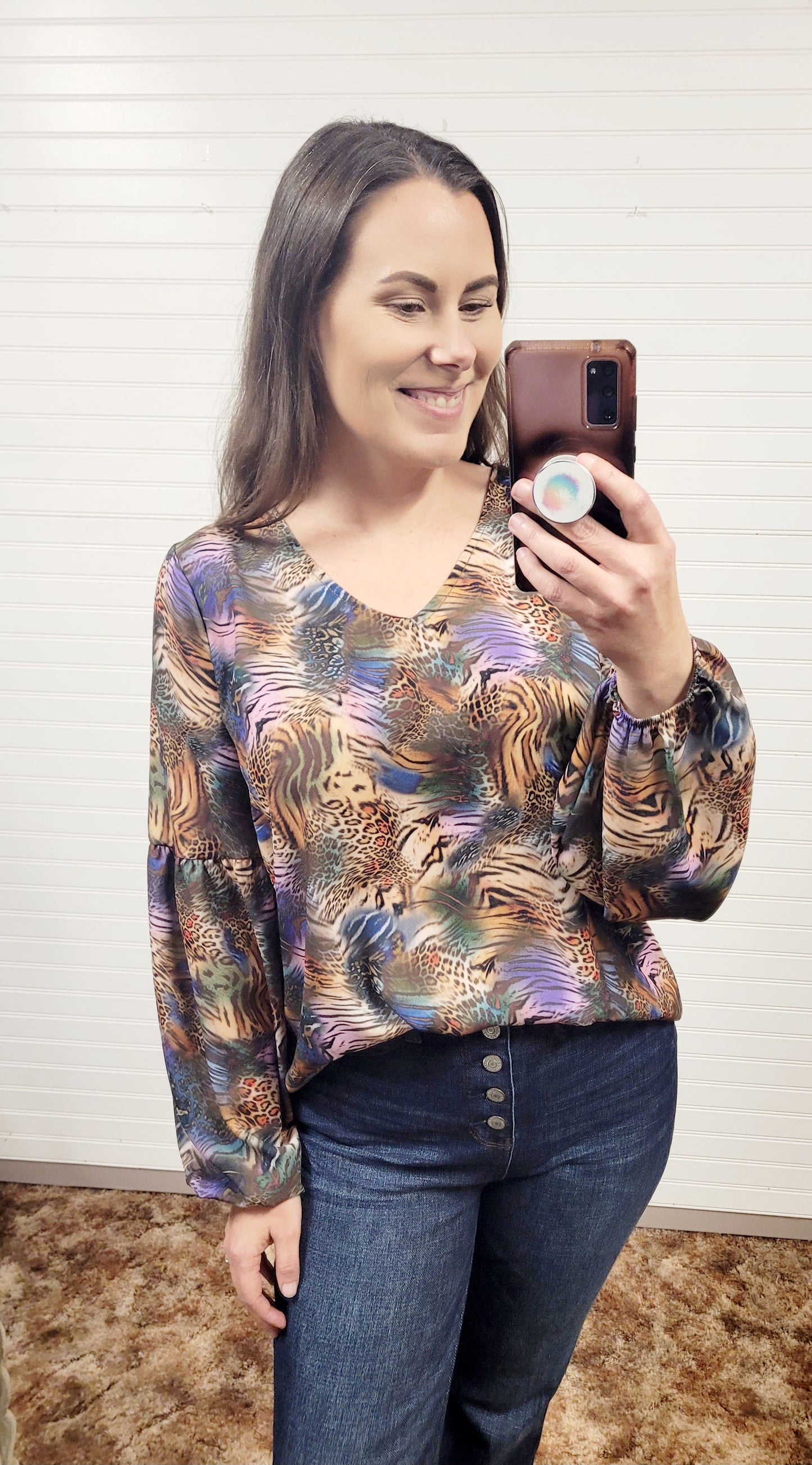 Cotton Bleu Wool Dobby Animal Print V Neck Top With Puff Sleeve
