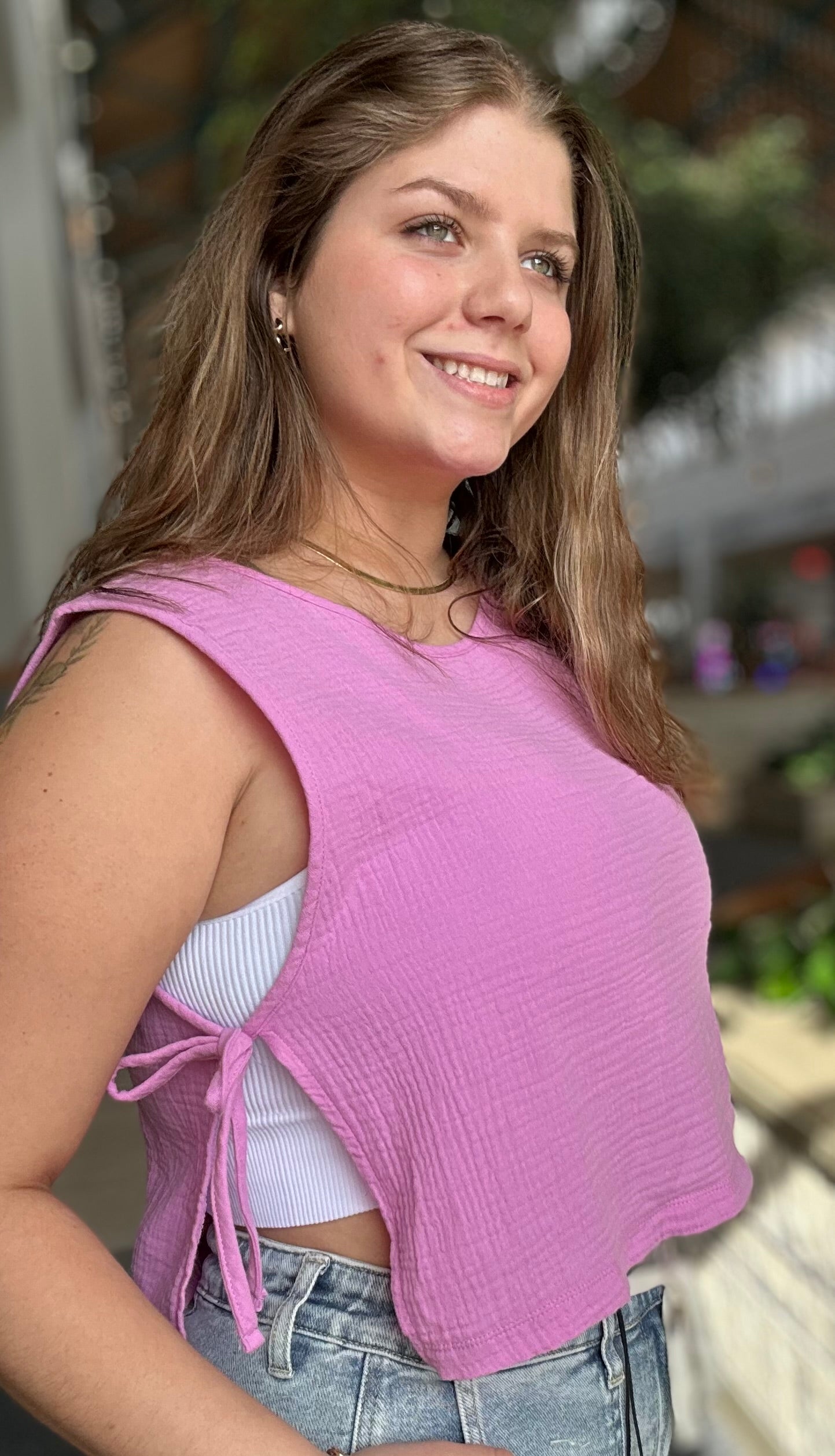 Double Gauze Side Tie Sleeveless Top