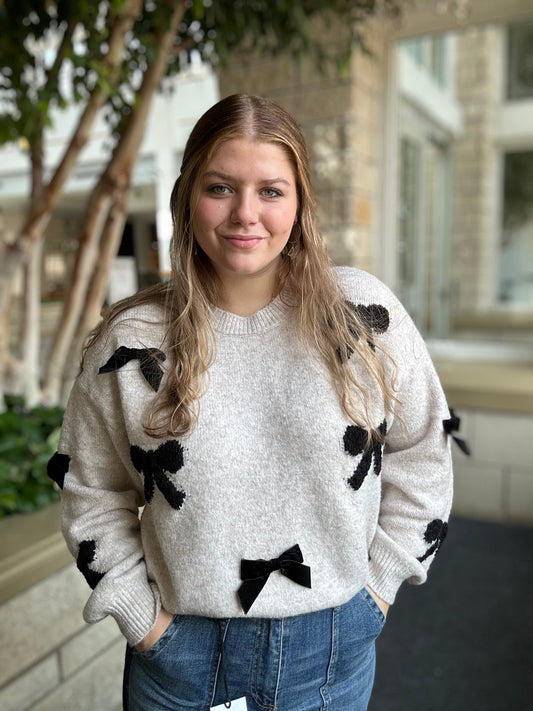 Bow Pattern Long Sleeve Knit Sweater