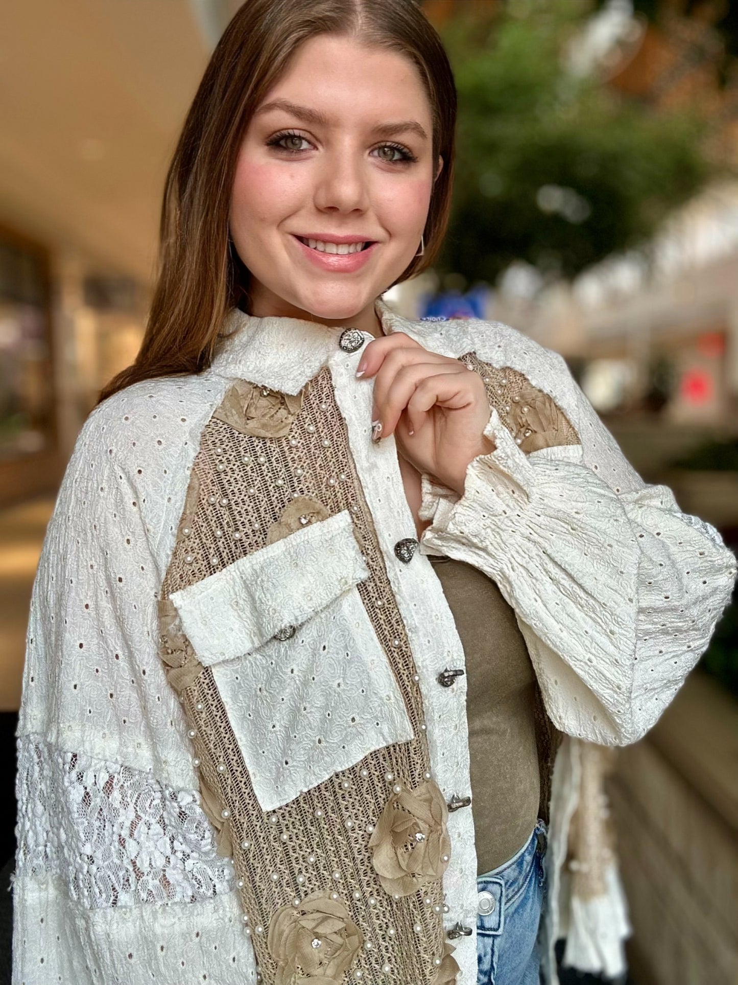 Long Balloon Sleeve Flower Detail Button Down