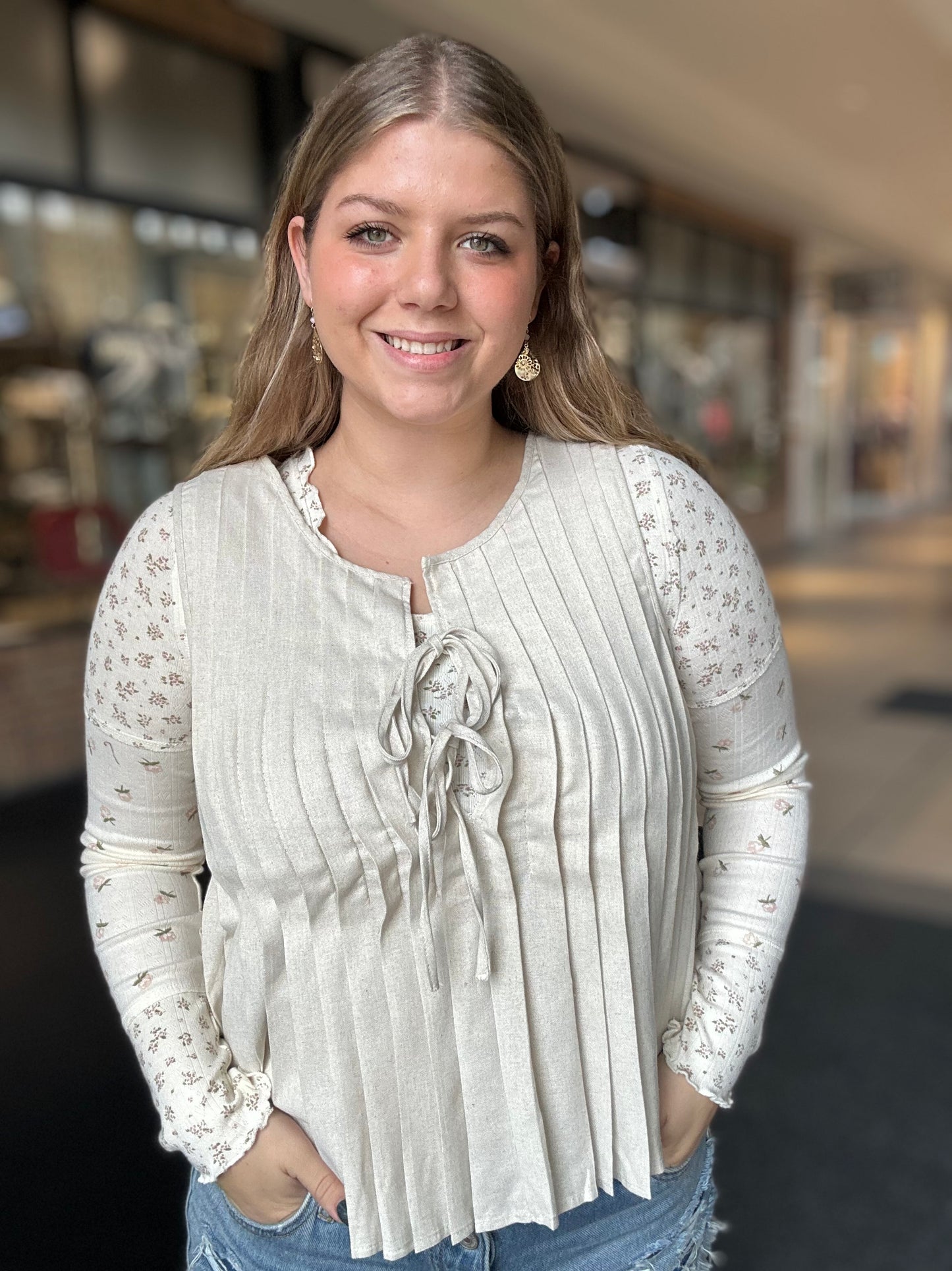 Pleated Woven Blouse Top With Front Tie