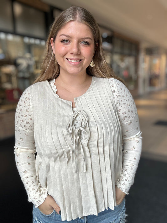 Pleated Woven Blouse Top With Front Tie