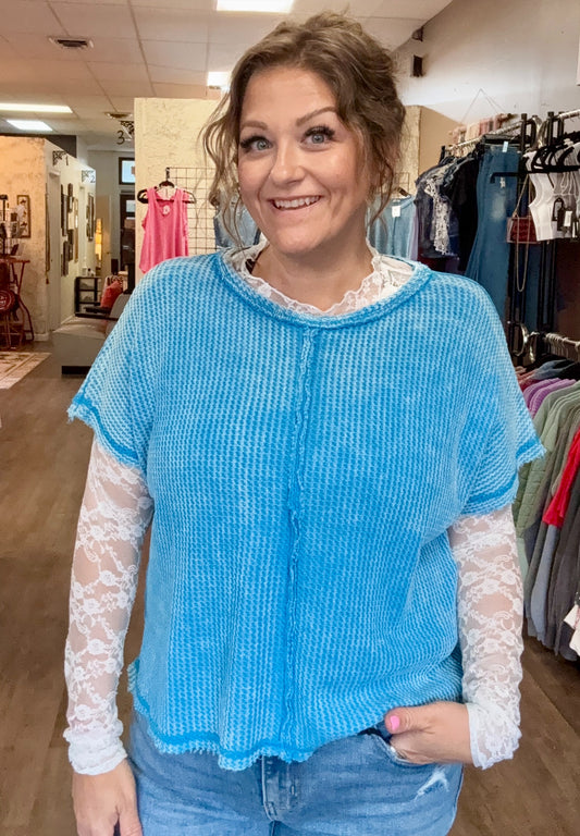 Washed baby waffle short sleeve top