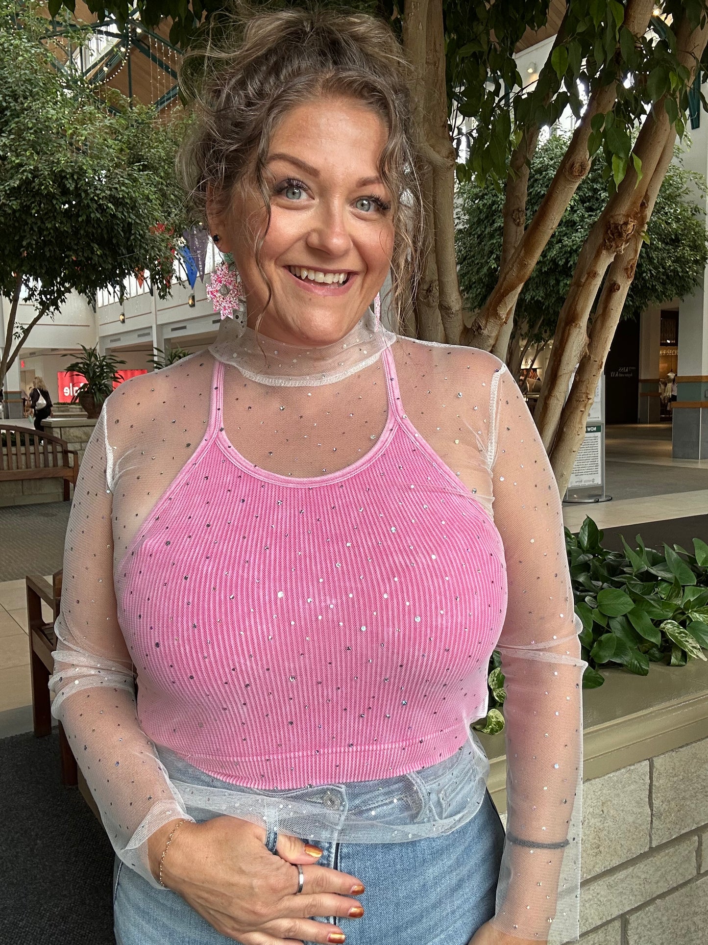 Mock Neck Sheer Long Sleeve Top