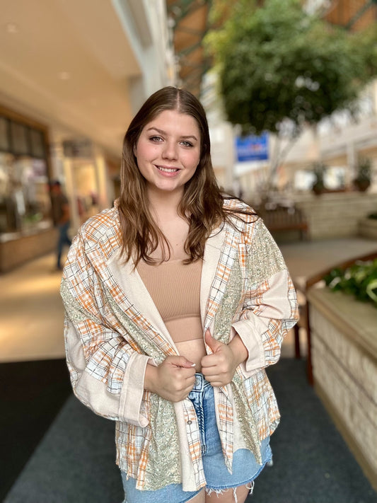 Long Sleeve Knit Mixed Hoodie Plaid Shirt