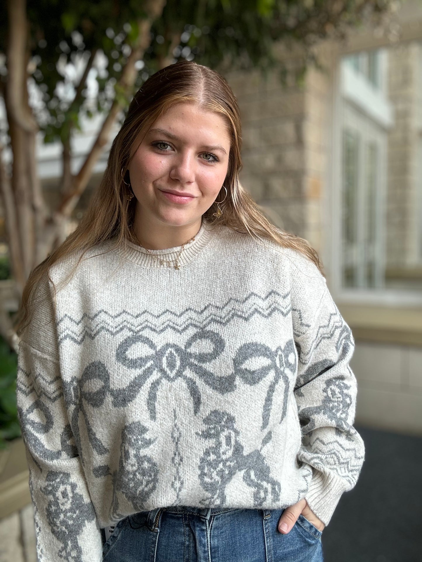 Poodle Bow Jacquard Knit Pullover Sweater