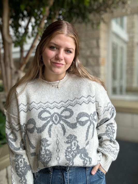 Poodle Bow Jacquard Knit Pullover Sweater