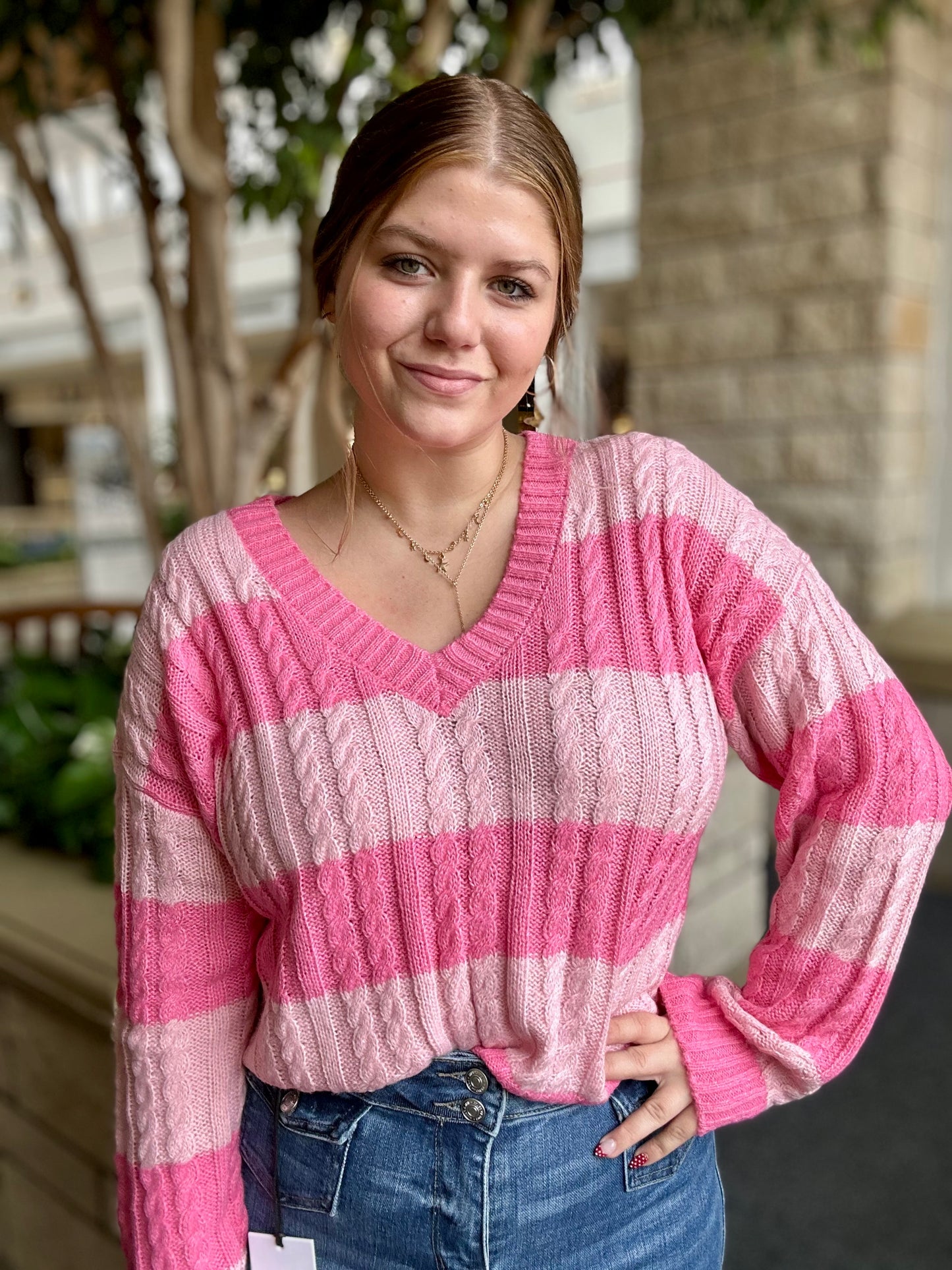 Stripe V Neck Cable Knit Pullover Sweater