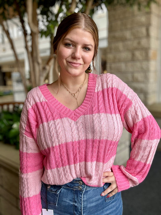 Stripe V Neck Cable Knit Pullover Sweater