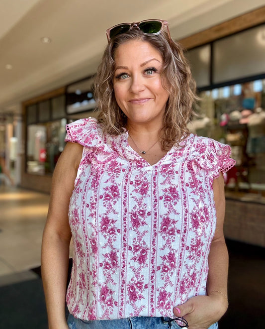 Stripe Floral Split Neck Ruffle Sleeve Top