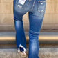 Distressed Patched Hem Flare Jeans