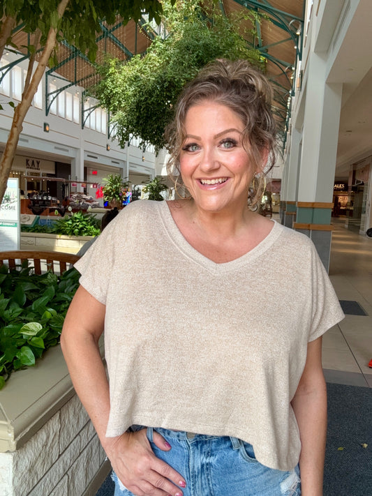 Soft Melange V-Neck Drop Shoulder Cropped Top