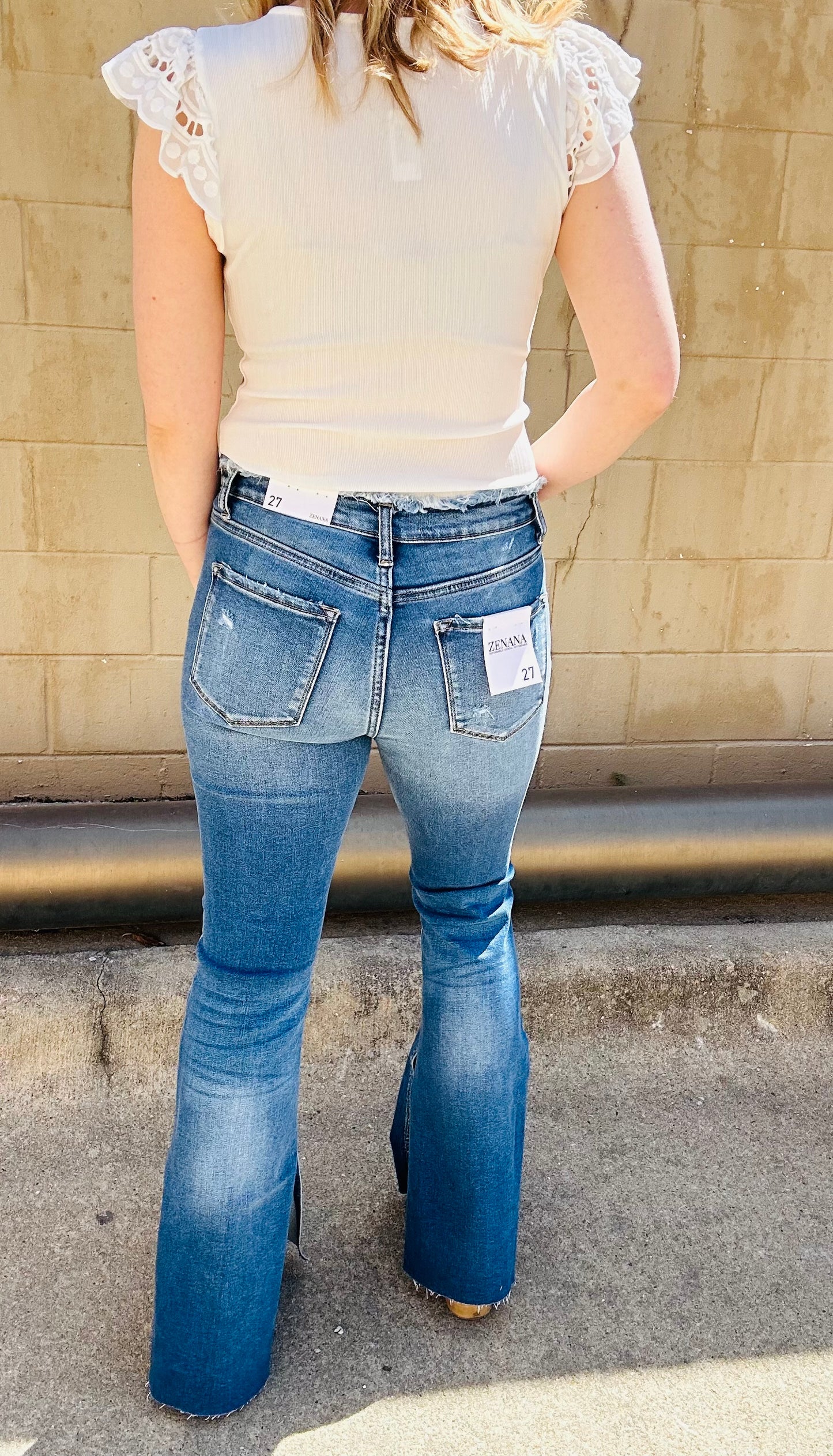 Zenana Frayed Waist Side Slit Flare Jeans
