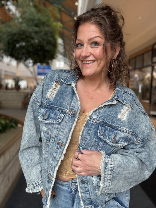 POL Oversized Distressed Denim Jacket