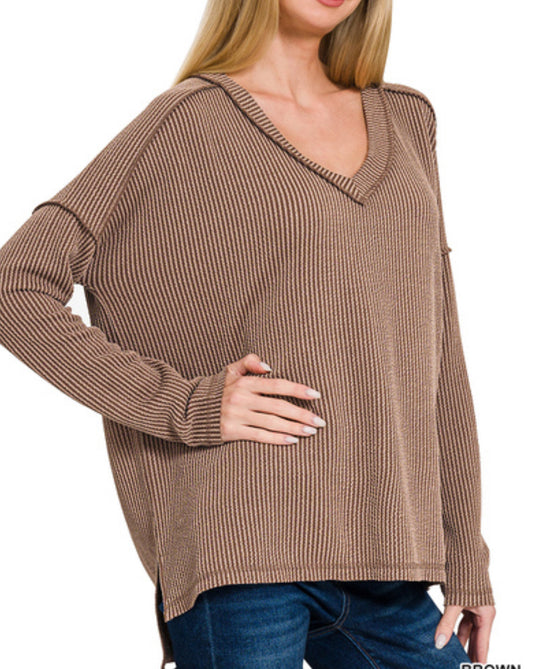 Raised Rib Long Sleeve V Neck Top
