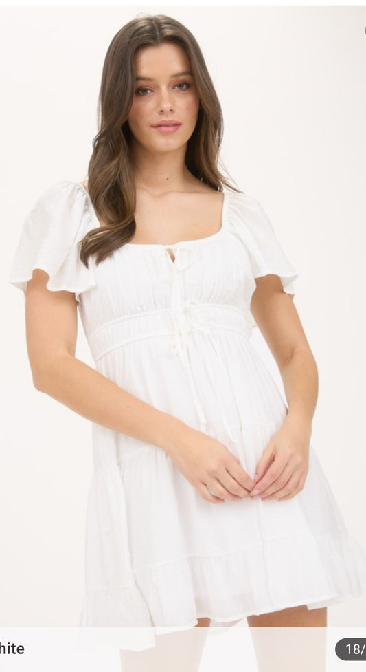 Front Tie Strap Short Sleeve Tiered Mini Dress