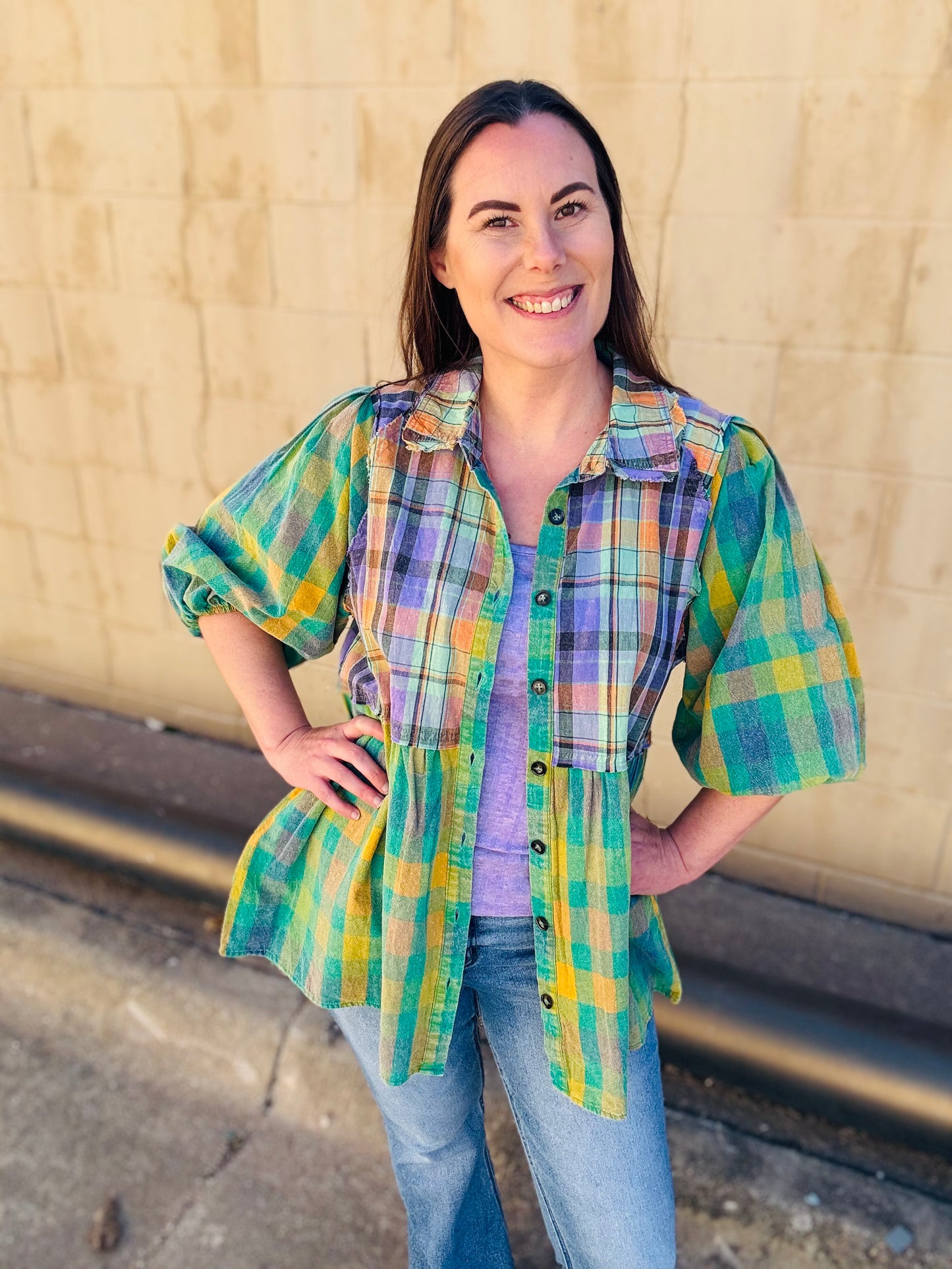 Washed Plaid Button Down Blouse
