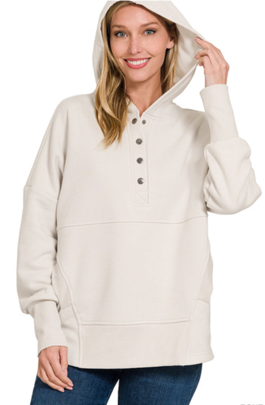 Half Button Fleece Hooded Pullover