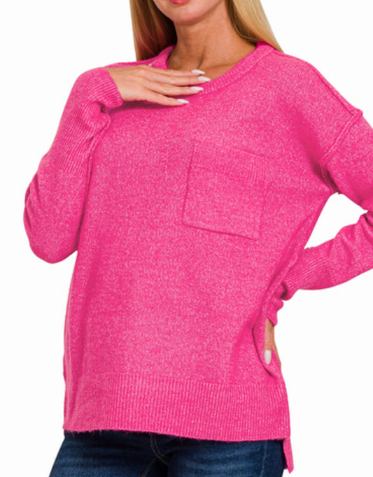 Melange Hi-Low Hem Pocket Round Neck Sweater