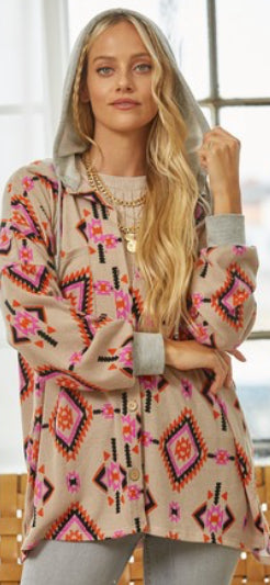 Aztec Hooded Button Down Jacket