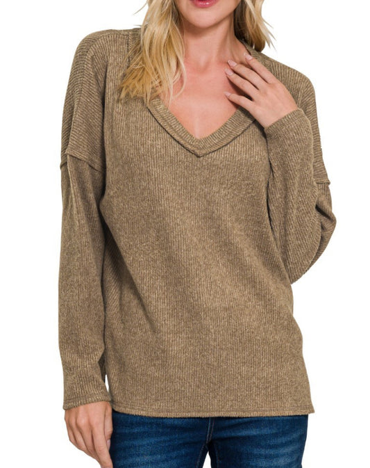 Plus Ribbed V-Neck Drop Shoulder Top