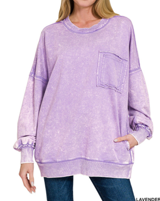 Acid Wash Raw Edge Front Pocket Pullover