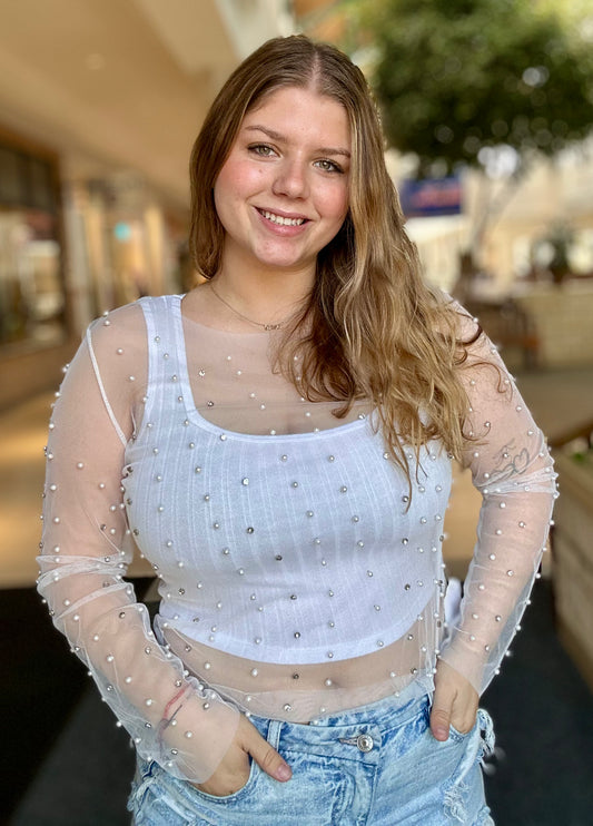 Beaded Sheer Mesh Long Sleeve Top