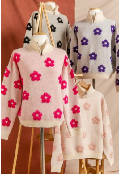 Zip Up Turtle Neck Flower Pattern Sweater